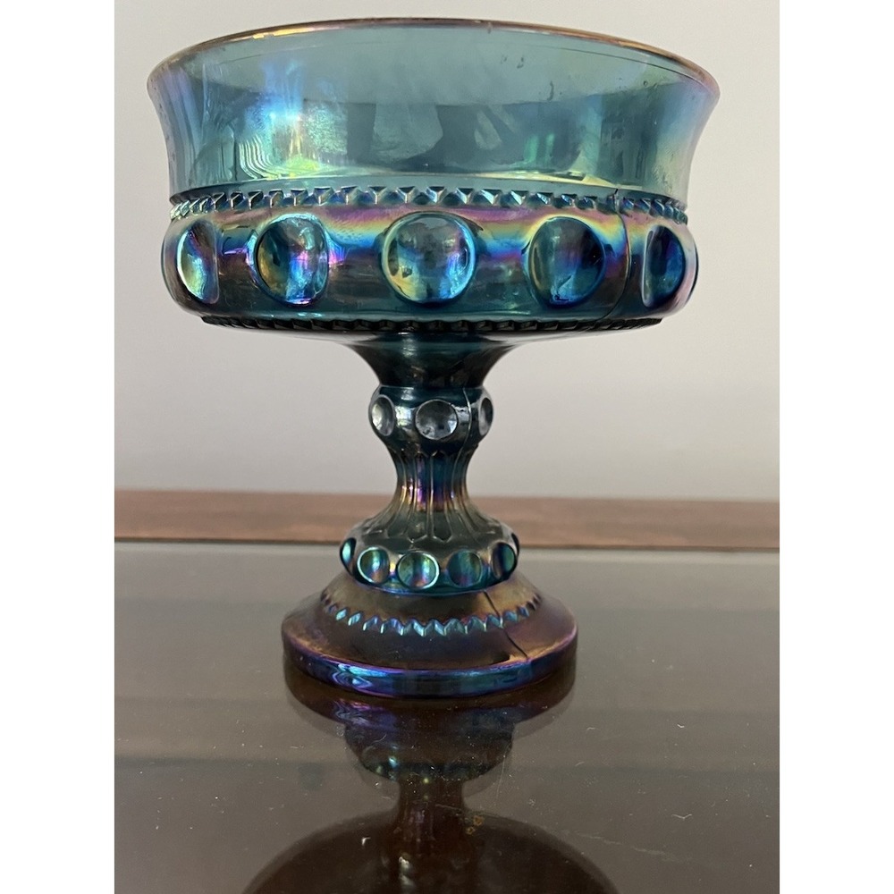 Indiana Iridescent Glass 1970's Kings Crown Thumbprint Pedestal Compote Bowl